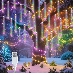 TEMU 크리스마스 메테오 샤워 스트링 라이트, 192 LED 8관 레인 드롭 라이트 스트립, USB 전원 아이스클리퍼 스트링 라이트, 침실, 지붕, 정원, 축제 파티, 테라스 및 크리스마스 장식 조명에 적합.