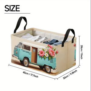 TEMU 1개, 초대형 플로럴 캠퍼 밴 해피 아트 프린트 접이식 사각 햄퍼, 헤비듀티 옥스포드 소재, 담요, 침구, 의류, 홈 데코, 거실 정리 및 접이식 세탁물 햄퍼용 다목적 수납 박스