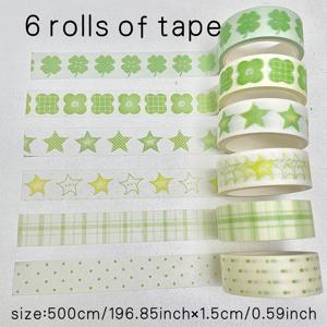 TEMU 6롤 한국 스타일 행운의 4잎 클로버 창의적인 와시 테이프, 격자 무늬 및 종이 테이프, 저널링용 포장