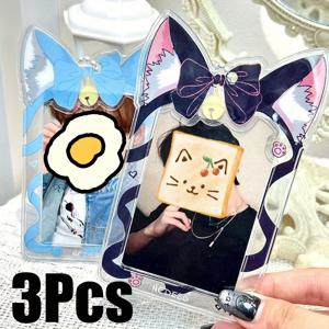 TEMU 3개 Kpop 고양이 귀 카드 홀더 - 귀여운 투명 디자인 & 보라색 리본, 튼튼한 PVC 소재, 휴대용 & 아이돌 사진 카드, 버스/지하철 카드, 직장 ID 카드에 적합, 귀여운 카드 홀더, 장난기 넘치는 액세서리, 기발한 디자인