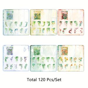 TEMU 화관월하 시리즈 식물 및 꽃 디자인 장식 스티커 120개. 저널링, 사진 앨범, 스크랩북 및 공예에 적합. 미리 재단된 투명 스티커입니다.