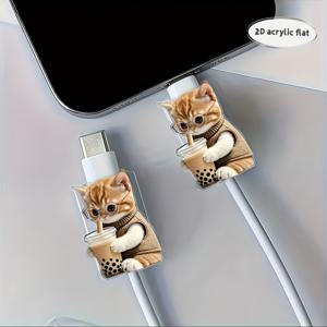 TEMU 2개 세트 안경 쓴 고양이 케이블 보호 커버, 내구성 강한 Type-C/휴대폰 충전기 코드 커버, 스타일리시 디자인