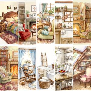 TEMU 코지 타임 시리즈 수채화 스크랩북 스티커 북 - 빈티지 플로럴 & 러스틱 팜하우스 DIY 콜라주 페이퍼, 파스텔 컬러의 아늑한 방 장면, 저널링, 플래너, 선물 포장 및 카드 만들기용 - 50+분 크래프트 시트