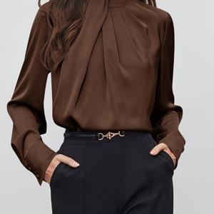 TEMU 여성용 루즈핏 긴팔 탑, 하이 칼라 디자인, 비대칭 디자인과 셔링 디테일, 가을에 완벽, 모델 YD88.