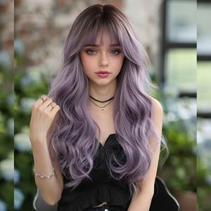 TEMU 24인치 그라데이션 가발, 퍼플 레이디 가발, 중앙 가르마 긴 곱슬머리, 앞머리. 매끄럽고 자연스러운 외관. 일상 착용은 물론 파티와 같은 특별한 행사에도 적합합니다