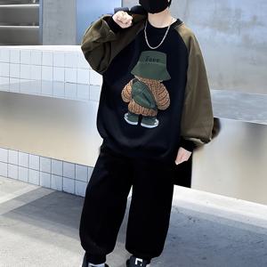 TEMU 남아용 투피스 세트, 어린 아이들에 적합, 편안한 컬러 블록 긴팔 스웨트셔츠와 봄/가을용 캐주얼 테이퍼드 팬츠, 야외 활동에 적합