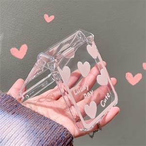 TEMU INS 귀여운 핑크 러브 하트 접이식 투명 폰 케이스 삼성 갤럭시 Z 플립6 플립5 플립4 플립3용 한국어 사랑스러운 PC 하드 보호 백 커버