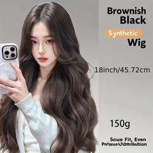 TEMU 18인치 24인치 내추럴 블랙 웨이브 합성 헤어 익스텐션 - V자형 안정적 착용감, 자연스러운 웨이브 질감 헤어피스