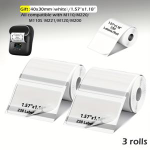 TEMU 3롤, 투명 2롤 + 흰색 1롤 포함. 다목적 투명/흰색 자체 접착 라벨, Phomemo M200/M110/M220/M221/M120/M260/M150 무선 프린터용—방수, 내유성, 내구성 바코드/주소/상업/가정용 스티커, 롤당 230매