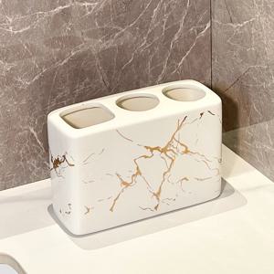 TEMU 골든 마블 마감 세라믹 칫솔 홀더 - 3구 텍스처 욕실 수납 상자, 녹 방지 조리대 받침대, 치약 및 칫솔 보관 세트.