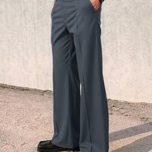 TEMU 남성용 미드-하이웨이스트 레그 슬라이트 플레어 드레스 팬츠, 봄/가을 캐주얼 정장 바지