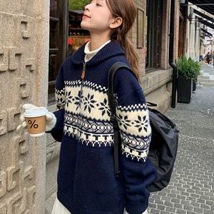 TEMU 빈티지 하이 칼라 스웨터 | 여성용 루즈핏 페어 아일 패턴 풀오버, 반 지퍼, 가을/겨울 컬렉션|빈티지