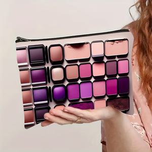 TEMU 화장품 도구 프린트가 있는 메이크업 백, 고채도 아이섀도우 및 팔레트 메이크업 백 - 지퍼가 있는 재사용 가능한 휴대용 화장품 정리함, 여성을 위한 다용도 여행용 메이크업 백, 브러쉬, 립스틱, 마스카라를 위한 필수 보관 파우치, 브러쉬 홀더가 있는 메이크업 백, 생동감 있는 컬러 디자인과 지퍼 클로저|파우치