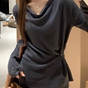 TEMU 여성용 우아한 체스트 플리트 사선 버클 디자인 긴팔 티셔츠, 신상 가을/겨울 패션 캐주얼 허리라인 강조 오버사이즈 베이스 레이어 탑|블라우스|티셔츠|셔츠