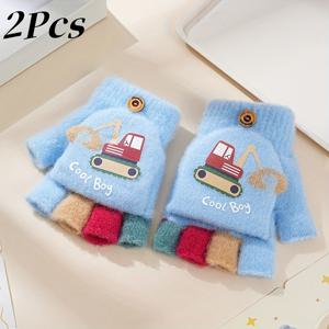 TEMU 귀여운 굴삭기 디자인의 겨울용 소형 장갑 2개입, 따뜻한 두꺼운 반장갑 - 야외 및 방풍용으로 적합.