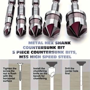 TEMU M35 코발트 합금 헤비듀티 카운터싱크 드릴 비트 세트 5개입 - 1/4