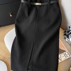 TEMU 라이트 럭셔리 스타일 벨티드 스커트, 2025 봄/여름 프론트 슬릿 미디 스커트, 커뮤터 랩 스커트, 니치 하이엔드 워크플레이스 스커트, 니안니안