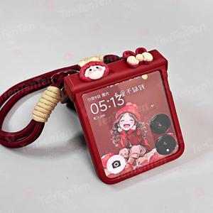 TEMU 폰케이스: 중앙 축 힌지 스테레오 걸 보우 버건디 랜야드 폰케이스 - Z Flip 7, Z Flip 7FE, Z Flip 6, Z Flip 5, Z Flip 4, Z Flip 3 호환