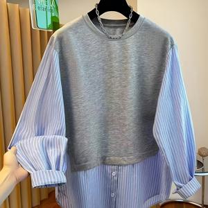 TEMU 봄 신상 라운드넥 긴팔 프린트 패치워크 스웨트셔츠 블루 & 화이트 여성용 스웨트셔츠