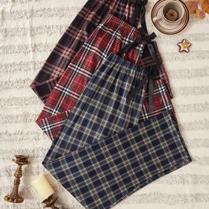 TEMU 여성용 파자마 세트 3pcs - 체크무늬 나이트가운 & 슬립팬츠, 사계절 편안한 루즈핏 신축성 허리 파자마, 홈웨어 매칭 세트, 세탁기 사용 가능 선물 세트