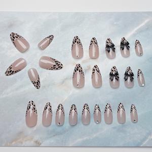 TEMU 24개입 프린트 & 3D 리본 디자인 아몬드형 프레스온 네일 - 포인트 프렌치 팁 광택 인조네일, 여성용 손발 네일, 데일리웨어, 파티, 웨딩, 쉬운 적용|네일팁