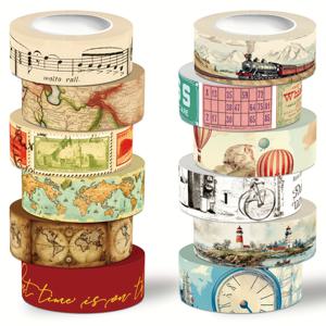 TEMU 빈티지 와시 테이프 세트, 항해 주변 장식 테이프 12롤, 노트용 빈티지 지도 아트 테이프, 스크랩북, DIY 공예, 선물 포장용