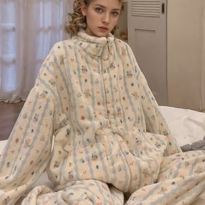 TEMU 여성용 코랄 파자마 세트, 가을/겨울용 두꺼운 보온 긴팔과 바지, 귀여운 지퍼 홈웨어|잠옷|냉장고바지|파자마