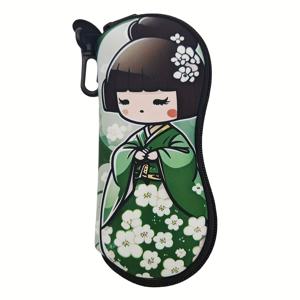 TEMU 귀여운 카와이 일본 여성용 녹색 기모노 안경 케이스 1개 - 방수 및 휴대성, 클로로프렌 고무 소재, 독서 및 패션 안경에 적합, 다기능으로 안경 및 액세서리에 사용 가능, 완벽한 생일 선물