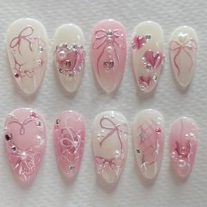 TEMU 10개 세트 수제 봄 여름 프레스온네일 중간 아몬드형 3D 라인스톤 하트 리본 별 디자인 재사용 가능 아크릴 인조네일 젤리 웨딩 파티 데일리 웨어 여성 선물용