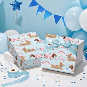 TEMU 생일 테마 포장지 1롤. 연청색 배경에 모자 달린 귀여운 다치슈운드 캐릭터와 무지개 생일 텍스트 디자인. 선물 포장, 파티 장식, 애완동물 생일, 생일 파티에 적합 - 43cm × 500cm (17인치 × 16.4인치)