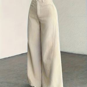 TEMU 여성용 하이웨이스트 와이드 레그 팬츠 - 코듀로이 텍스처 캐주얼 롱 팬츠, 사계절 내내 편안하게 착용 가능, 세탁기 사용 가능한 베이지 트라우저|냉장고바지|바지