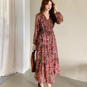 TEMU 새로운 V넥 무릎길이 시폰 맥시 드레스, 드로스트링 허리와 플로럴 프린트, 다용도 롱핏