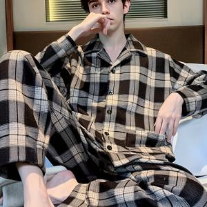 TEMU 긴팔 상의와 긴 바지 잠옷 투피스 세트 - 고급스러운 체크 무늬 홈웨어 세트 - 가디건 상의 + 긴 바지, 편안하고 캐주얼한 잠옷으로 야외복으로도 적합|잠옷|냉장고바지|가디건