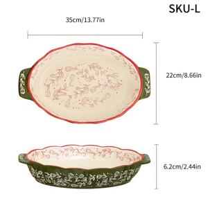 TEMU 1개 빈티지 스타일 세라믹 베이킹 디쉬 핸들 포함 - 녹색 & 빨간 꽃무늬 디자인, 오븐, 전자레인지, 샐러드, 바비큐, 베이킹, 디저트, 피자 만들기에 완벽 - 사계절 내내 사용 가능한 내구성 있는 주방용품, 베이킹 디쉬|꽃무늬 디쉬|내구성 있는 세라믹, 베이킹 디쉬|전자레인지