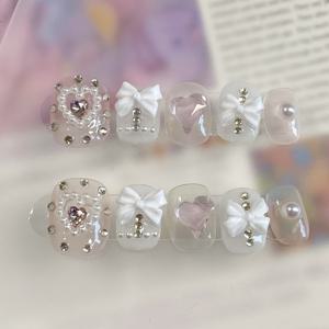 TEMU 분리형 화이트 피치 밝은 신상 네일 아트 로맨틱 스타일 완성형 패치|네일아트