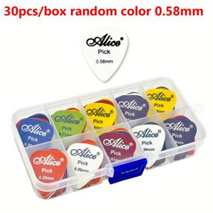 TEMU ABS 소재로 제작된 앨리스 기타 피크 30개가 들어있는 박스입니다. 디자인과 보관 상자가 특징입니다. 피크는 다양한 두께로 제공됩니다: 0.58, 0.71, 0.81, , 1.20, 그리고 1.50mm, 베이스, 우쿨렐레 및 기타 악기와 적합합니다.