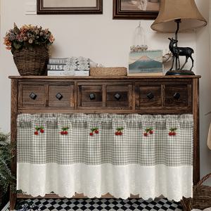 TEMU 1 패널 러스틱 아메리칸 컨트리 스타일 체리 쇼트 발란스 커튼, 클래식 체크무늬 스티치 꽃 자수 레이스, 빈티지 커피 하프 커튼, 주방, 덴, 싱크 쉐이드용 - 로드 포켓 디자인, 빛을 걸러내는 원단