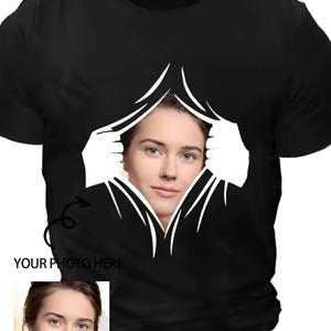 TEMU 맞춤형 남성용 플러스 사이즈 티셔츠 - 나만의 사진 프린트 제작, 캐주얼 스트리트 스타일, And 스판덱스 혼방, 라운드넥, 불투명, 봄/여름/가을 착용에 적합, 플러스 사이즈 셔츠, 오버사이즈