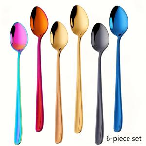 TEMU 3/6개 컬러 스테인리스 스푼 세트, 20cm/7.87인치, 컬러 작은 티스푼, 다용도 커피 스푼, 아이스 스푼, 디저트 스푼, 무지개 긴 손잡이 믹싱 스푼, 창의적인 파티 저녁 선물, 식기세척기 사용 가능