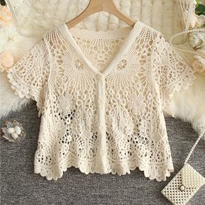 TEMU 1개 스타일 시크 크로셰 가디건, 반팔, V넥, 가벼운 여름 탑, 정교한 레이스 패턴, 여름 캐주얼 웨어, 루즈핏 의류, 오픈워크 텍스처, 크로셰 가디건