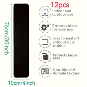 TEMU 12개의 튼튼한 미끄럼 방지 야외 계단踏판, 미끄럼 방지 표면이 있는 80 그립 프리 컷 블랙 PVC, 계단, 스케이트보드 및 데크에 적합 - 4인치 X 30인치 미끄럼 방지 접착 계단 스트립, 설치가 용이합니다.