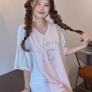 TEMU 아메리칸 레트로 컬러블록 패치워크 저지 스타일, 루즈핏 한국식 이유니크한 트렌디 탑