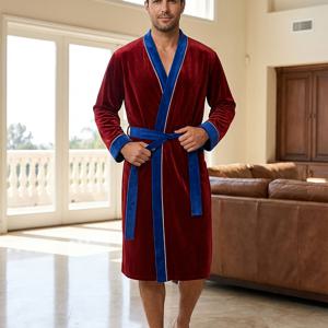 TEMU 남성 & 여성 고급 플러시 벨벳 & 새틴 로브 - 우아한 딥 레드 & 네이비 대비 트림, 조절 가능한 벨트가 있는 벨트 허리, 긴소매 V넥 목욕 로브 (가정용), 남성용 목욕 로브, 여성용 목욕 로브, 남성 목욕 로브, 여성 목욕 로브, 스파