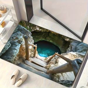 TEMU 1pc 환상 물 탑 욕실 매트 - 진흙 흡수기 기계 세탁 가능, 침실 및 거실 입구에 적합 - 계단과 파란 물이 있는 신비로운 동굴 디자인, 흰색 슬리퍼 포함, 내구성 있는 입구 매트 | 매혹적인 동굴 테마 | 내구성 있는 입구 패드, 동굴 장식