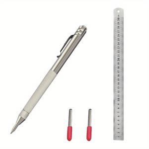 TEMU 4개입 텅스텐 카바이드 스크라이버, 2개의 교체용 마킹 팁 & 강철 자 포함 - 알루미늄 핸들 및 자석, 유리/세라믹/금속 시트 조각 펜 (4)