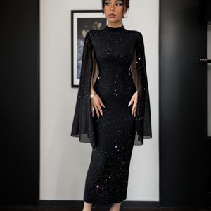 TEMU 가슴라인을 강조하는 검은 별빛 하늘 망토, 연말 갈라 디너 드레스로 완벽