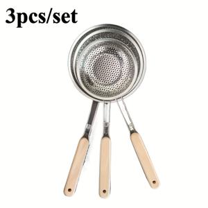 TEMU 3개 세트 고강도 스테인리스 스틸 체 - 나무 손잡이, 파스타, 국수, 채소 물기 제거 및 오일 여과용 미세망 - 내구성 201 스틸 주방용품, 튀김, 서빙, 음식 준비에 적합 - 모던 주방 필수품