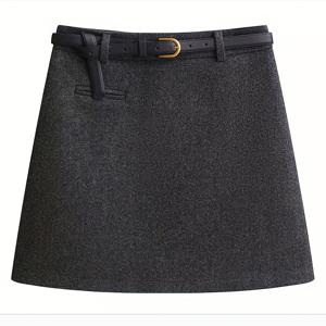 TEMU 여성용 그레이 트위다 레터 스커트, 2025년 신상 가을/겨울 컬렉션, 쁘띠 플러스 사이즈용 도톰한 하이웨이스트 엉덩이 보정 벨티드 미니 스커트