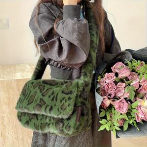 TEMU 2025년 가을/겨울 신상 여성용 인조 밍크 프린트 토트백, 대용량 퍼리 숄더 크로스바디 백, 학생용 패셔너블 플러시 가방