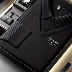 TEMU 선물 상자 미포함. 남성용 블랙 니트 스웨터 - 긴소매 페이크 레이어 디자인, 고급 레터 밀란 로고 스플라이스 칼라 디자인, 골프, 비즈니스 캐주얼에 적합